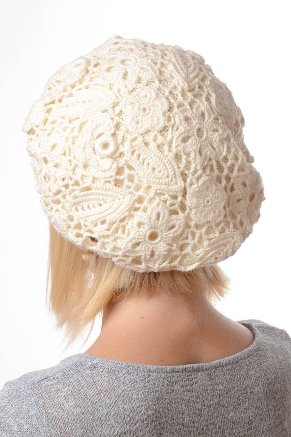 Bonnet tricot Chapeau au crochet fait main blanc original Vêtement femme photo 2