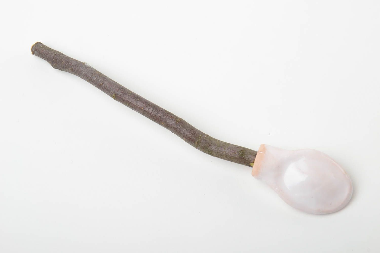 Pink handmade designer glazed spoon for spices created of clay and apricot tree branch photo 3