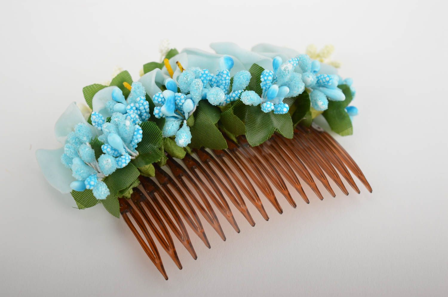 Handmade Blumen Haarkamm himmelblau Designer Schmuck Haar Accessoire Drachenwurz foto 1