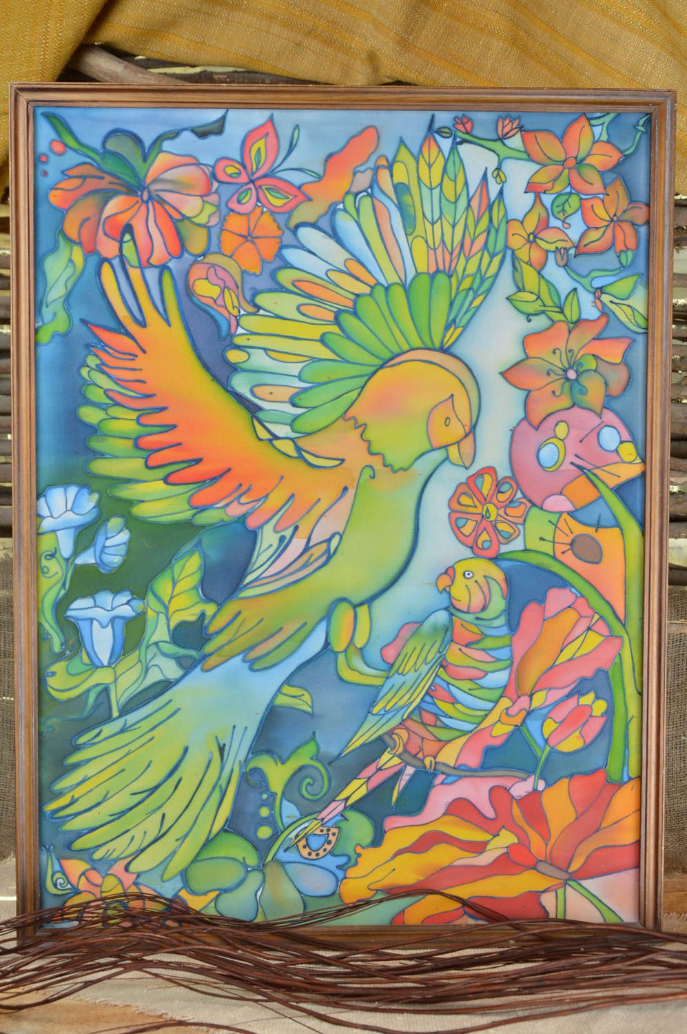 Handgemachtes Stoff Wandbild in Batik Technik bunte Papageien in Holzrahmen foto 1