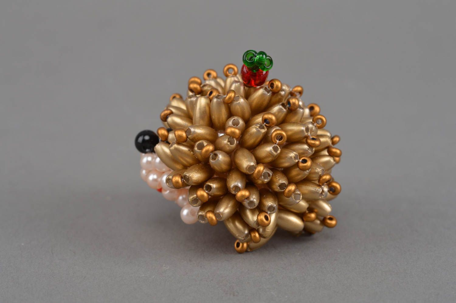 Unusual homemade collectible beaded figurine of hedgehog of gold color photo 3