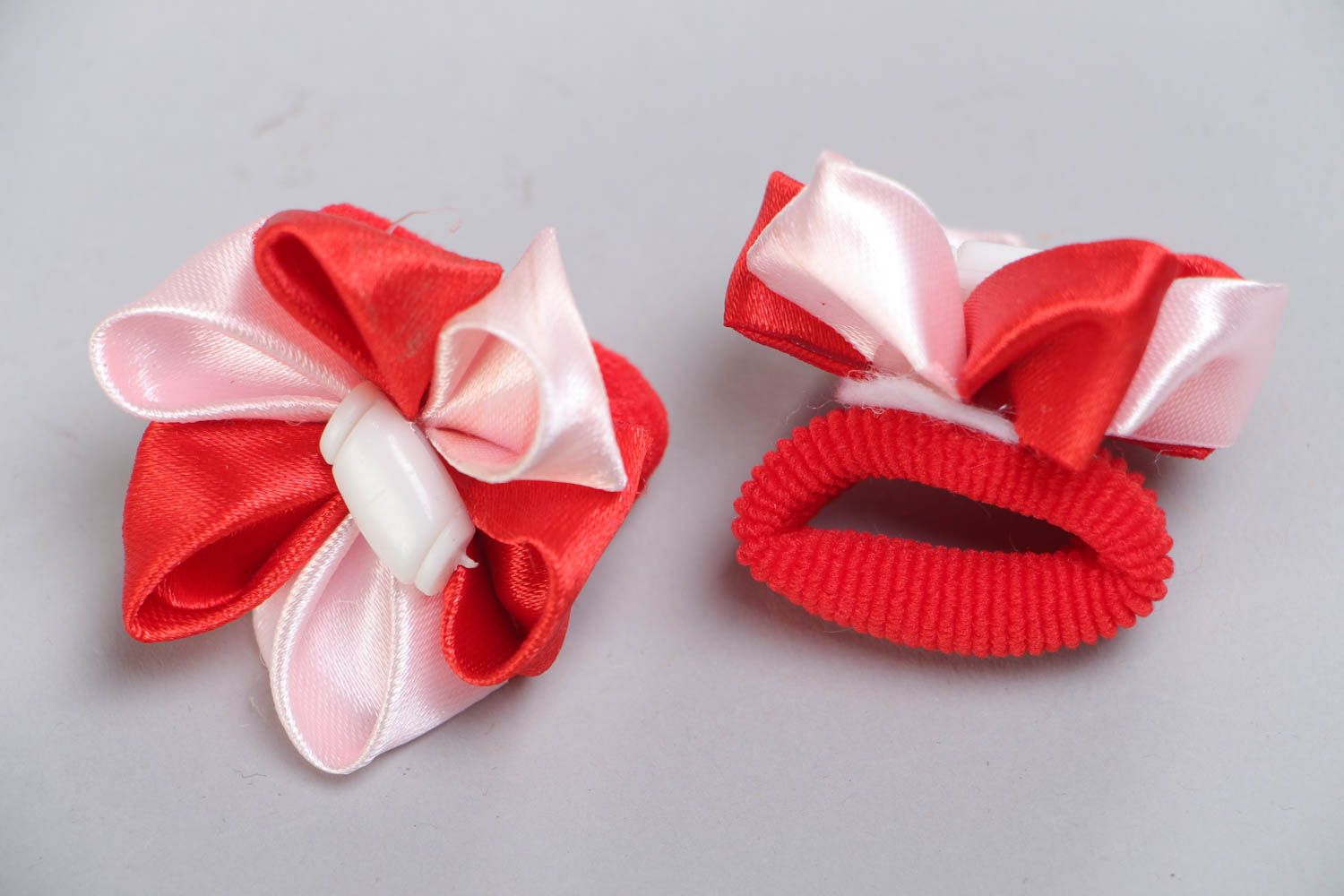 Set of 2 handmade red and pink hair ties with satin ribbon kanzashi flowers photo 3