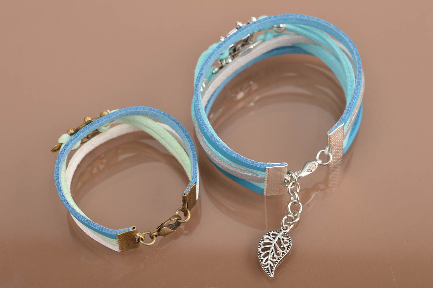 Set of 2 handmade designer suede cord bracelets with charms for adult and child photo 5