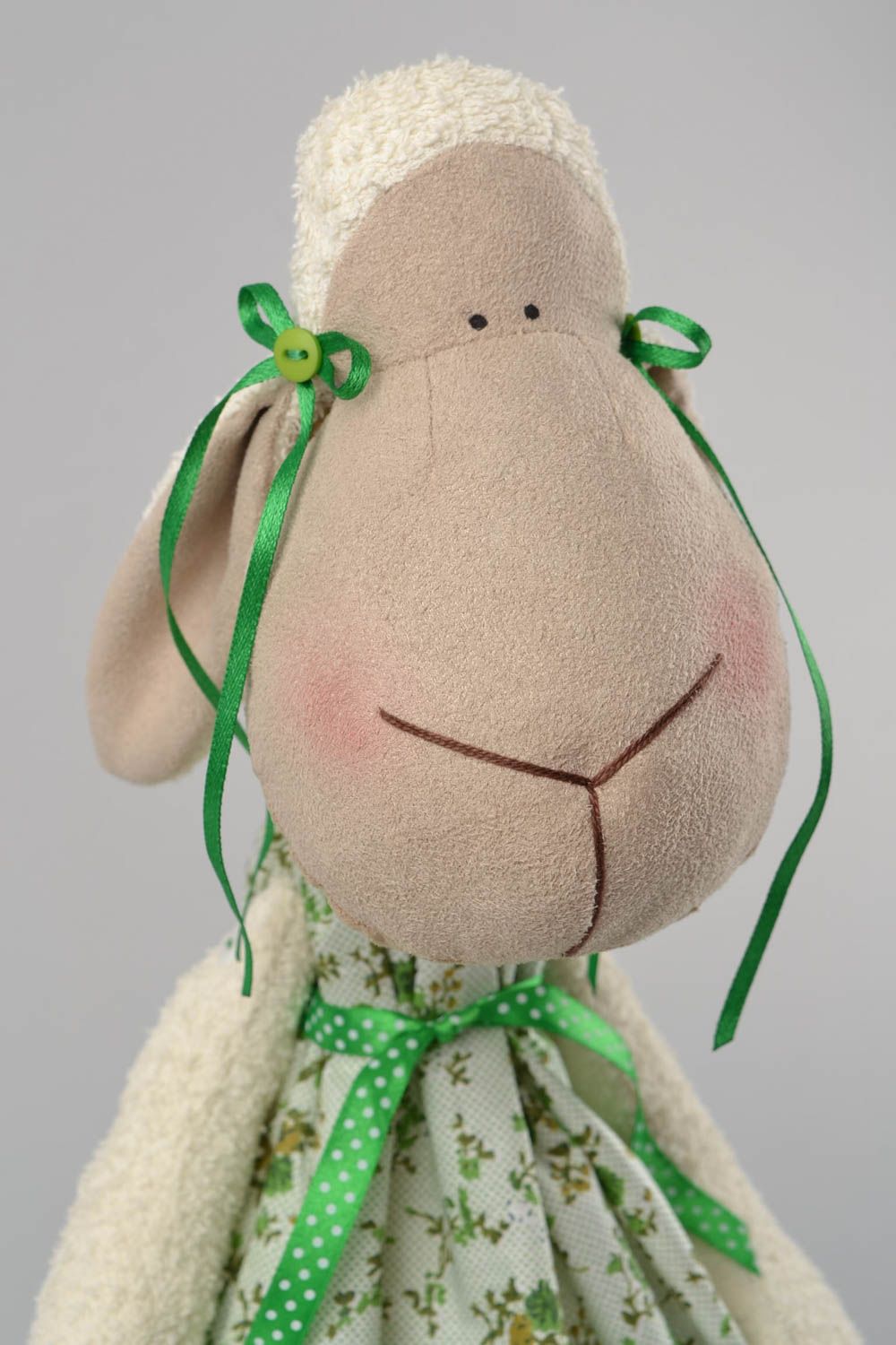 Handmade designer interior fabric soft toy Lamb in green dress with wheeled toy photo 4