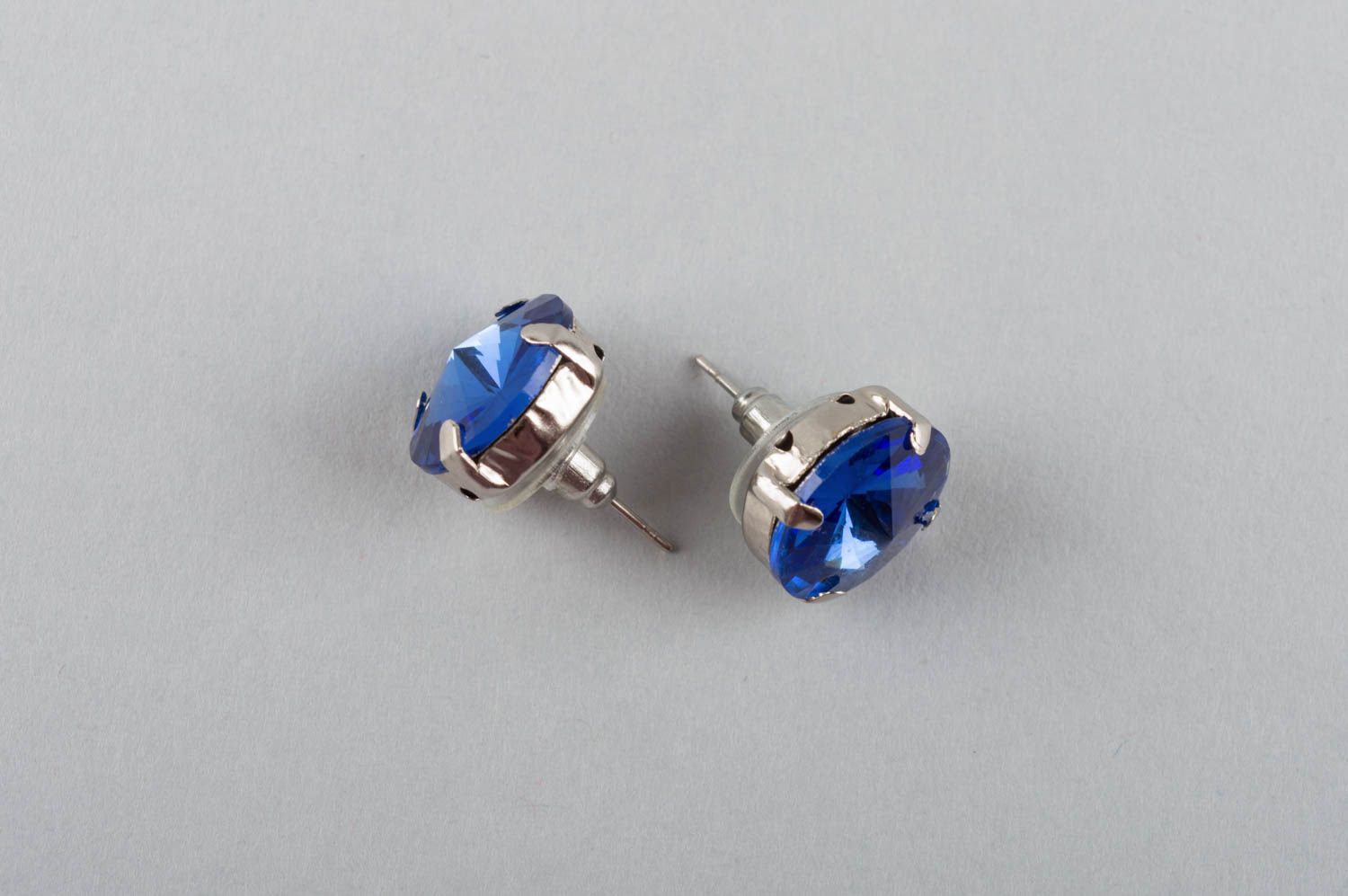 Handmade brass earrings stylish stud earrings blue rhinestones metal jewelry photo 2