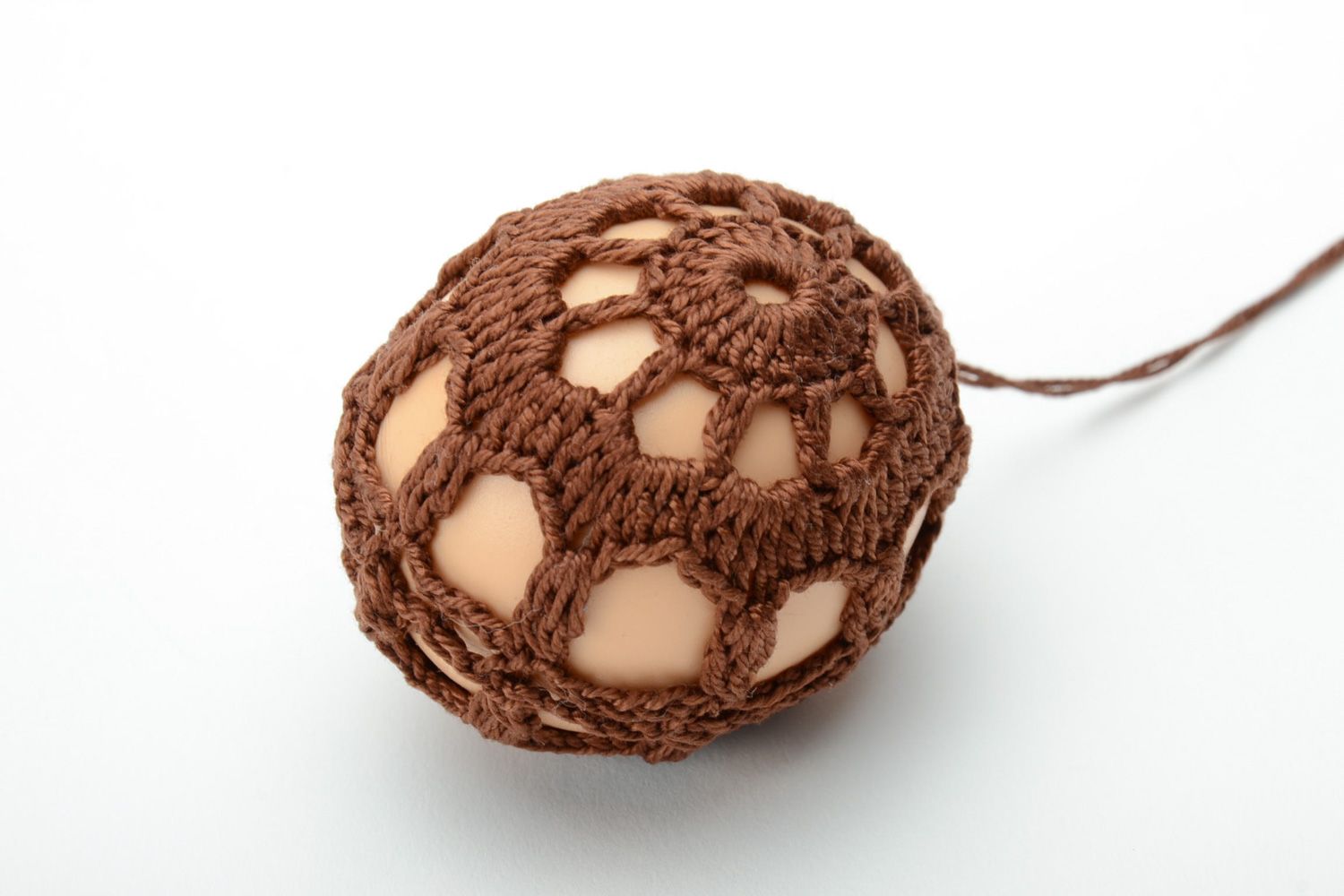 Handmade brown Easter egg woven over with cotton threads photo 2
