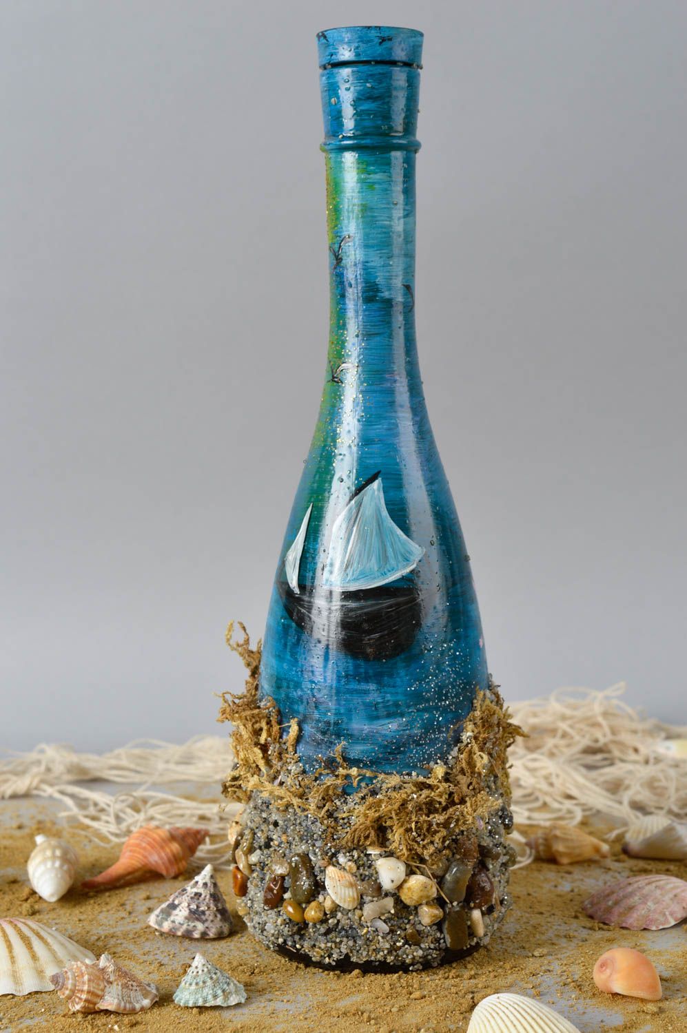 Стеклянная бутылка хэнд мэйд синяя с песком украшение для дома декор квартиры фото 1