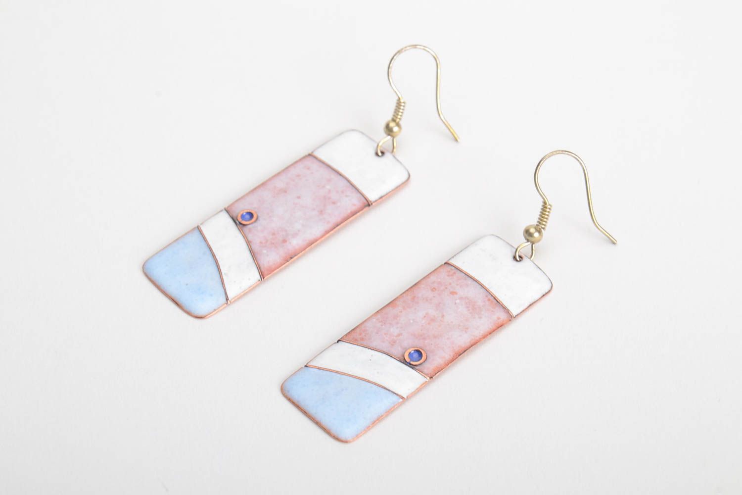 Handmade long stylish copper earrings with charms painted with hot enamel photo 2