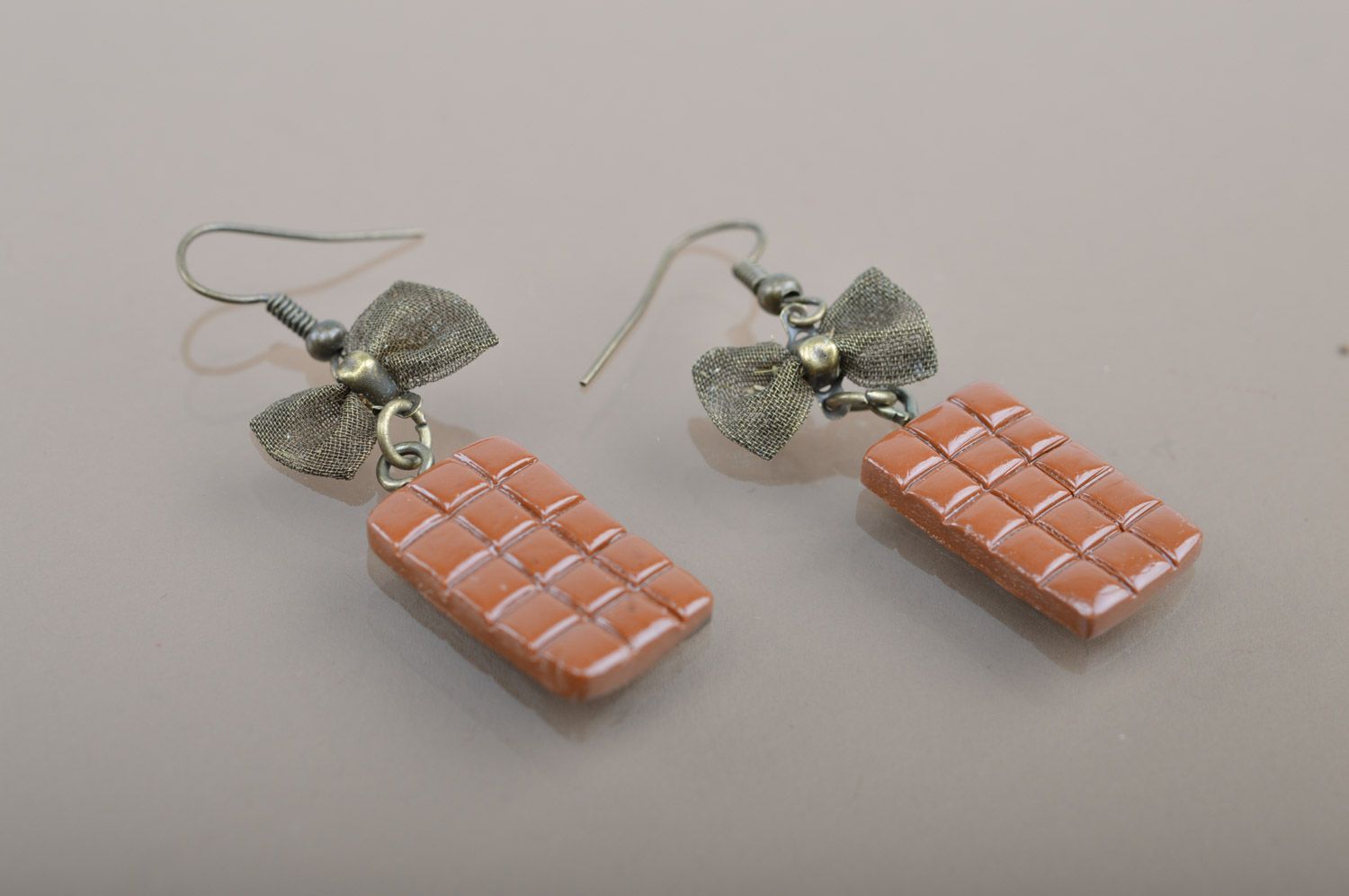 Homemade plastic earrings with charms in the shape of chocolate bars photo 4