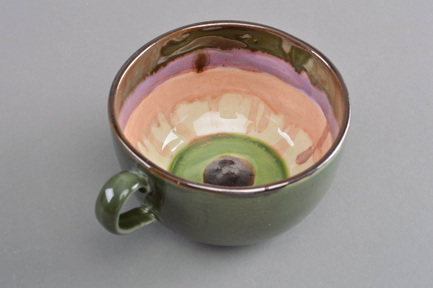 Large porcelain teacup in green and beige color with handle photo 3