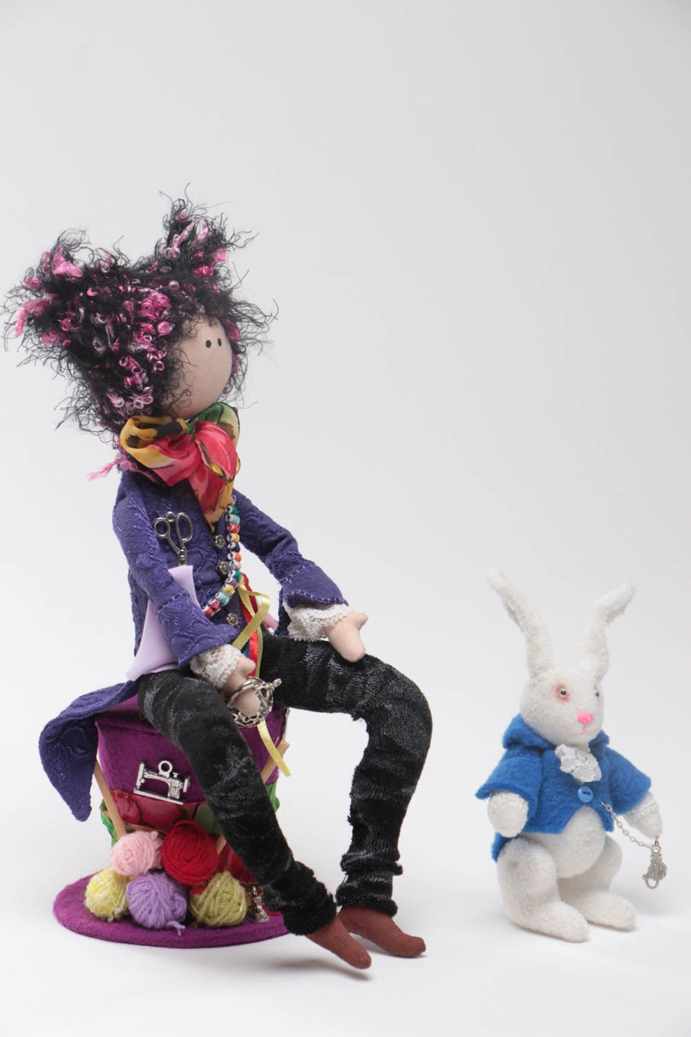 Handmade designer fabric soft doll elegant milliner with white toy rabbit photo 2