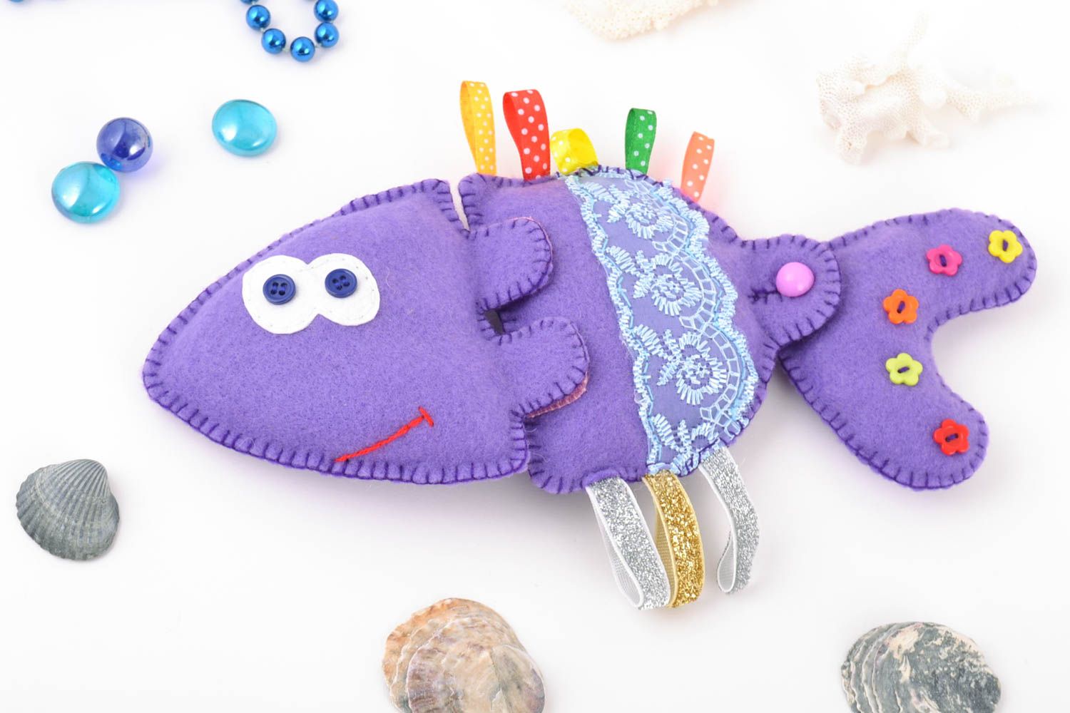 Bright violet handmade educational felt toy in the shape of unusual fish photo 1
