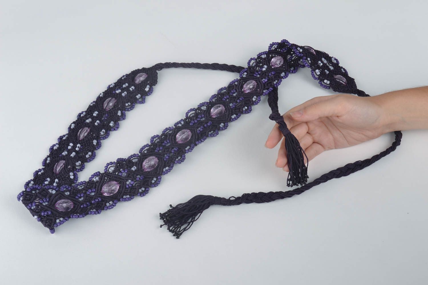 Ceinture textile Accessoire fait main violet technique macramé Cadeau femme photo 5