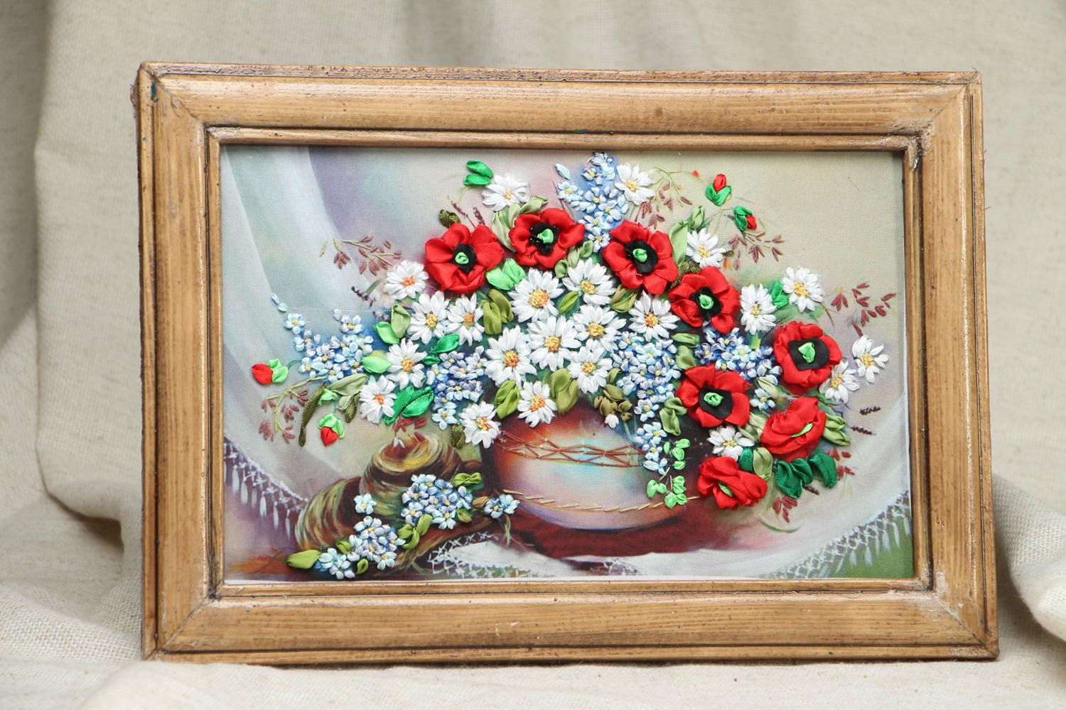 Picture embroidered with ribbons Poppies and Chamomiles photo 1