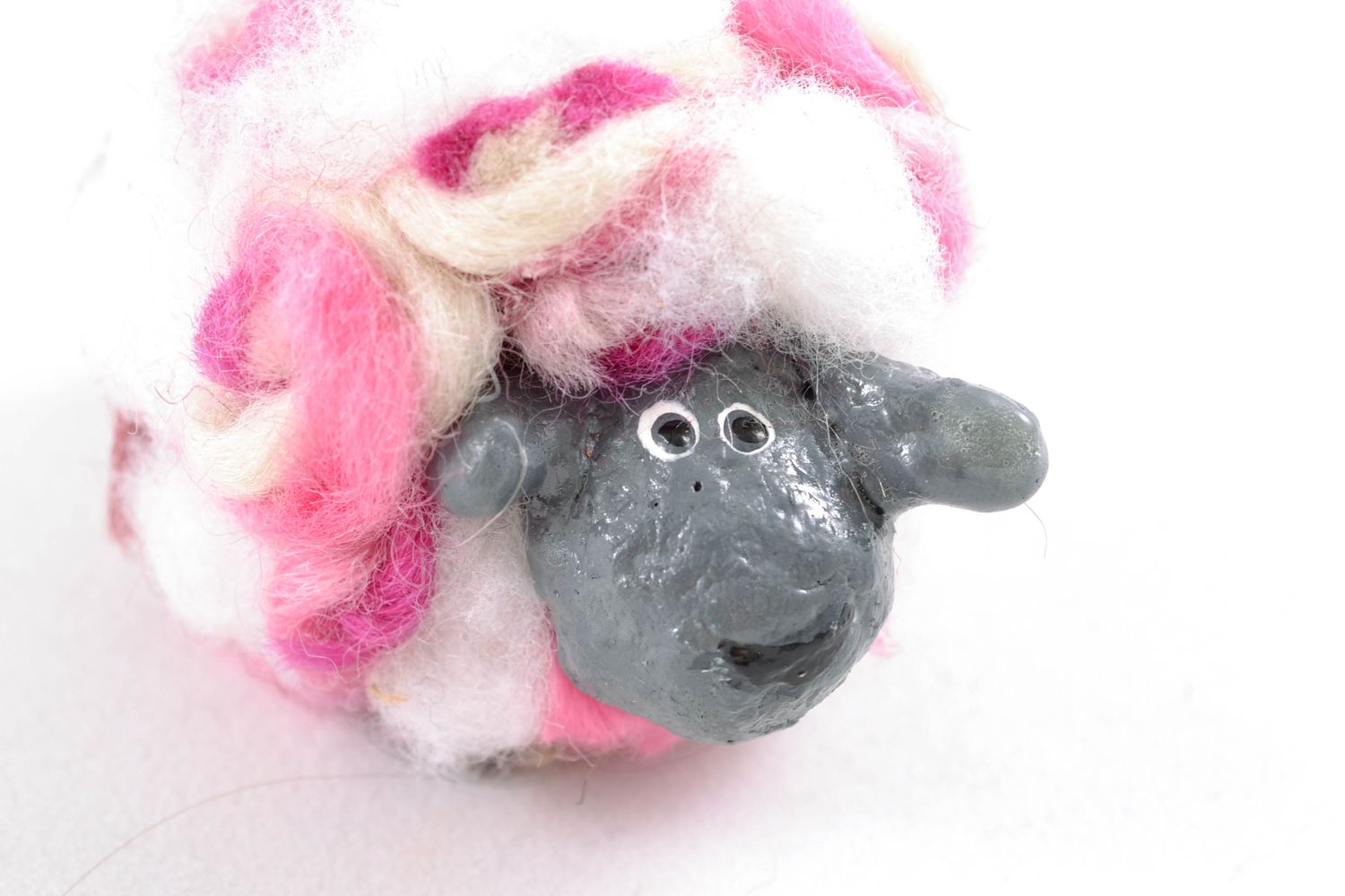 Papier mache statuette with wool Pink Sheep photo 3