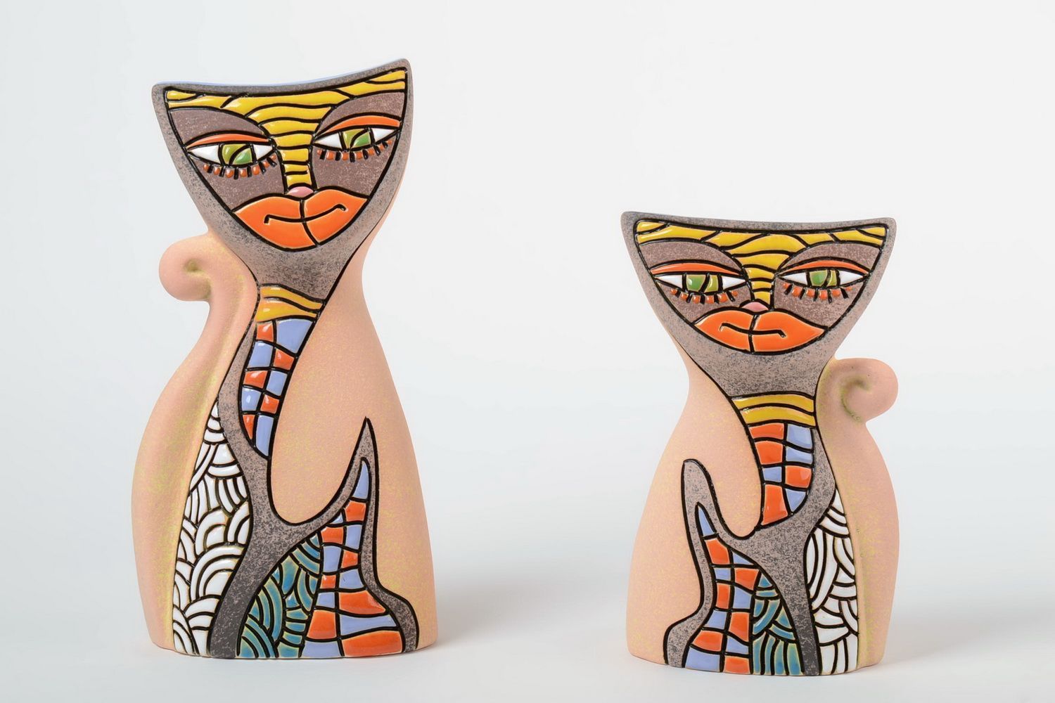 Комплект керамических ваз в виде котов расписные ручной работы 2 штуки фото 2