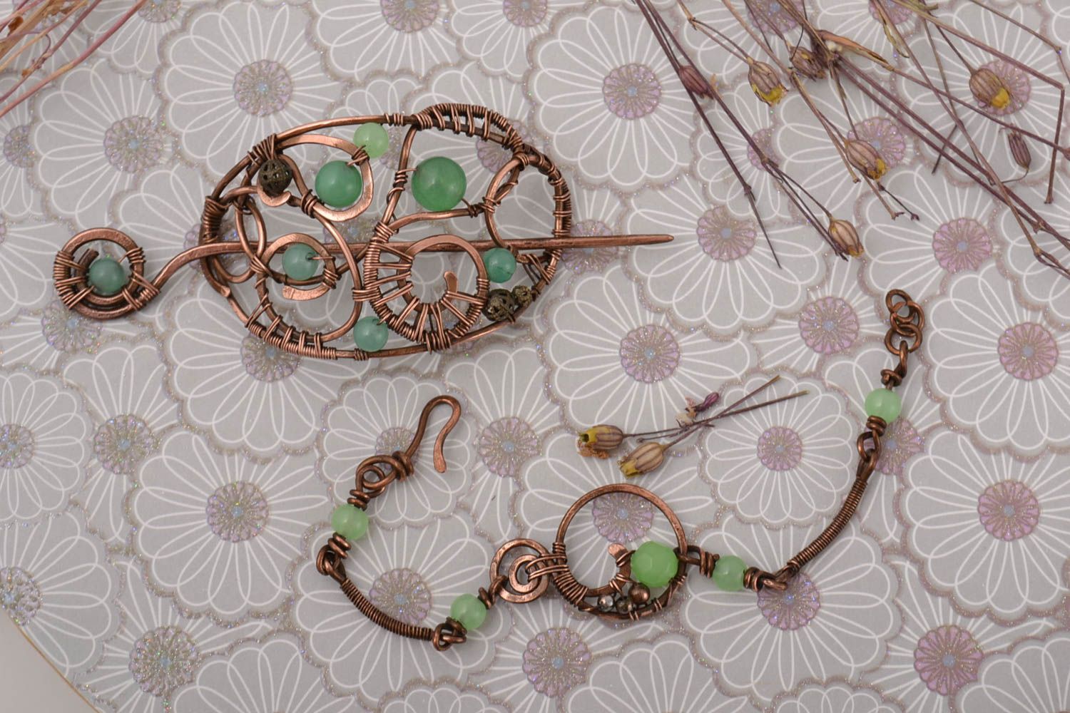 Handmade bracelet unusual hair clip for women designer jewelry set of 2 items photo 1