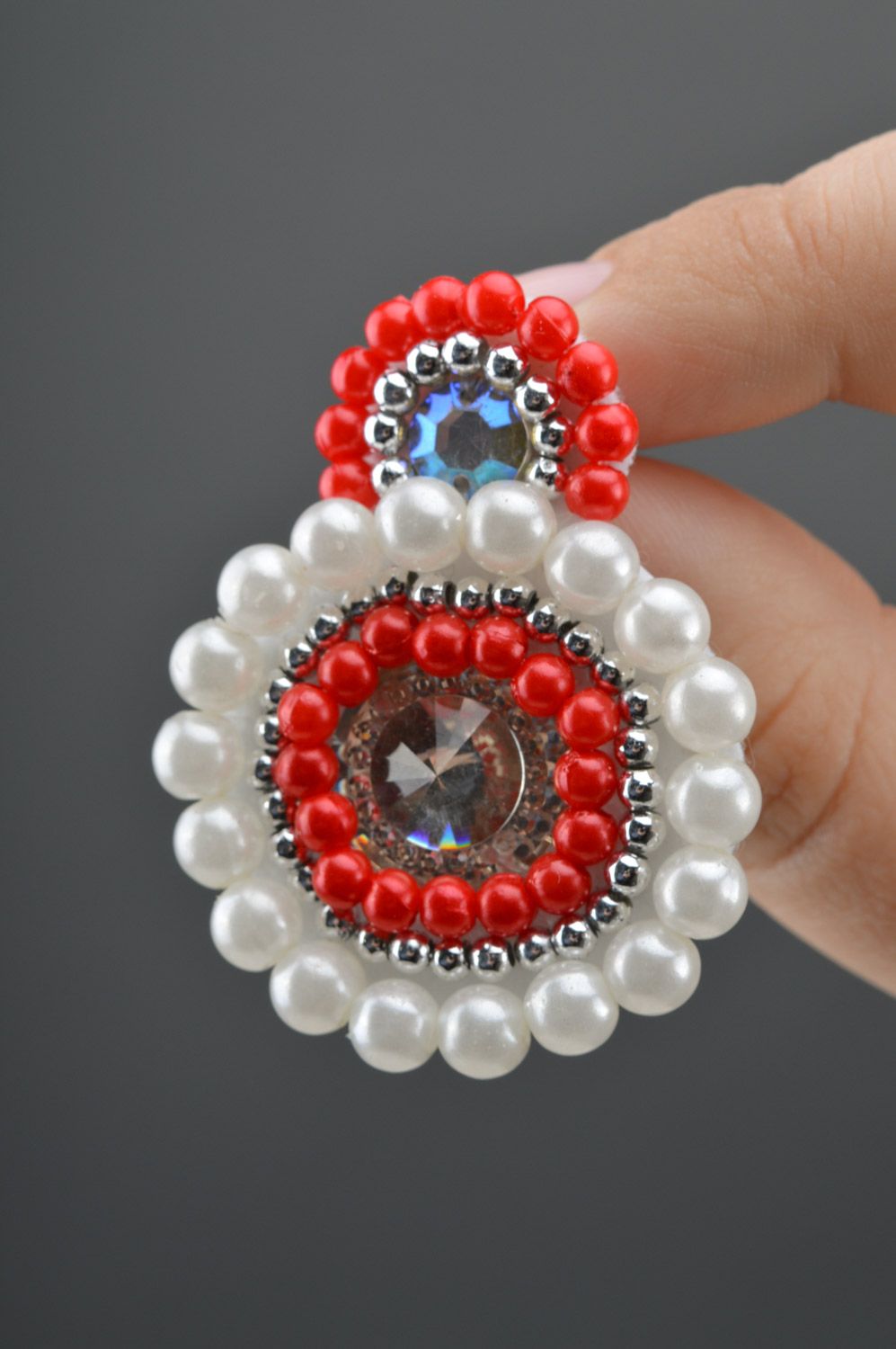 Festive handmade round stud earrings with beads in white and red colors photo 5