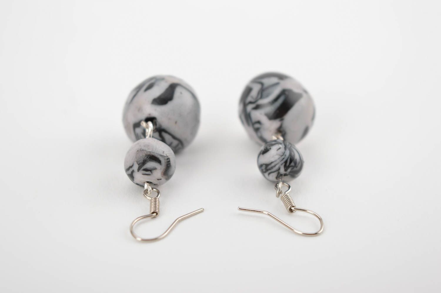 Gray handmade plastic earrings dangle bead earrings artisan jewelry for her photo 3