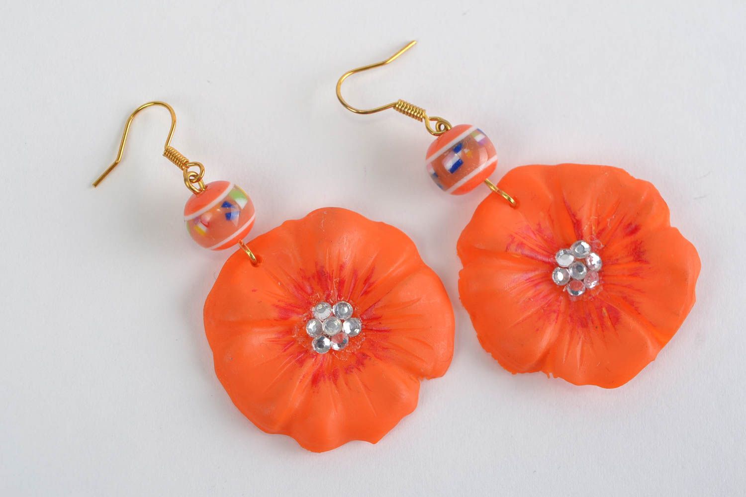 Bright orange handmade long polymer clay flower earrings photo 1