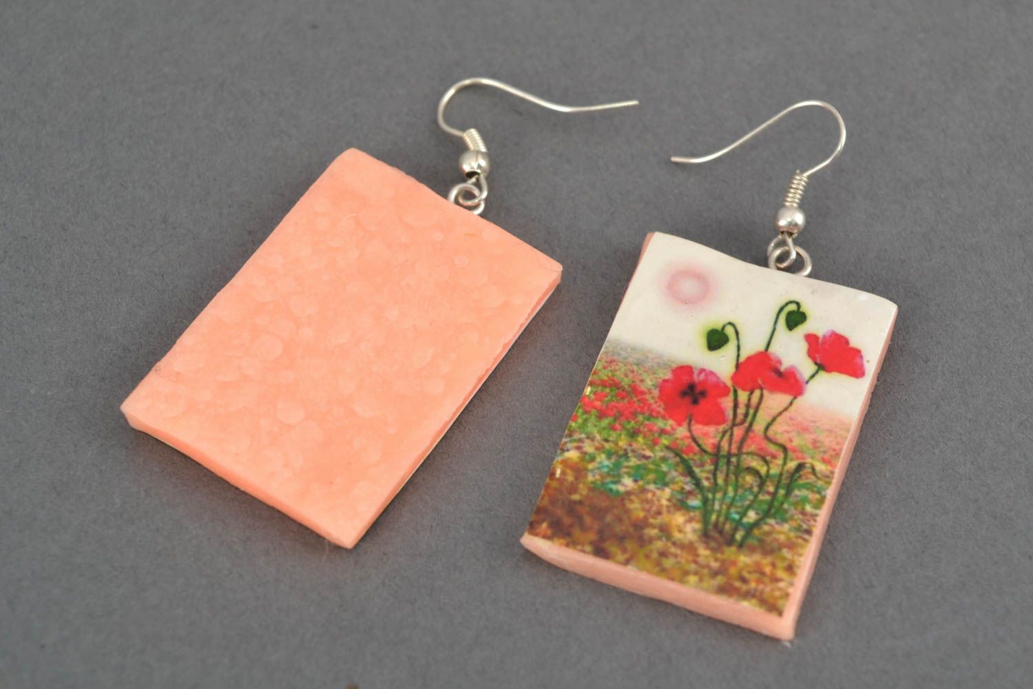 Rectangular polymer clay earrings Poppies photo 4