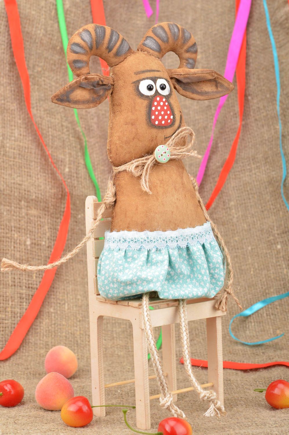 Handmade unusual interior toy made of cotton brown decor for home Goat photo 1