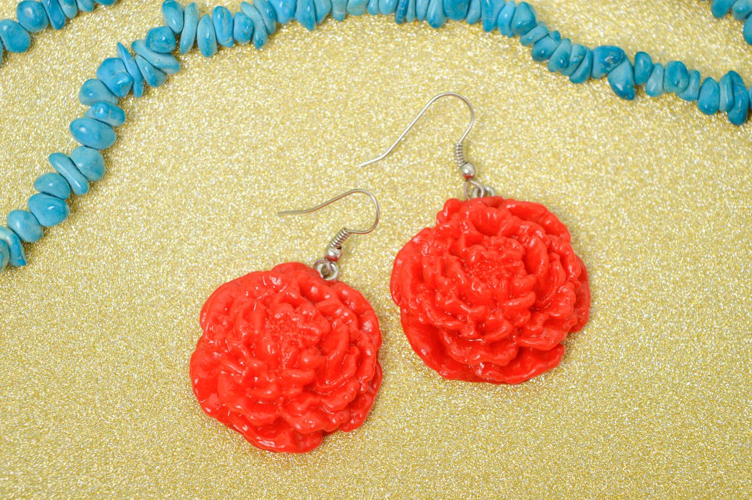 Ohrringe mit Blumen handgefertigt Polymer Schmuck Accessoires für Frauen rot foto 1