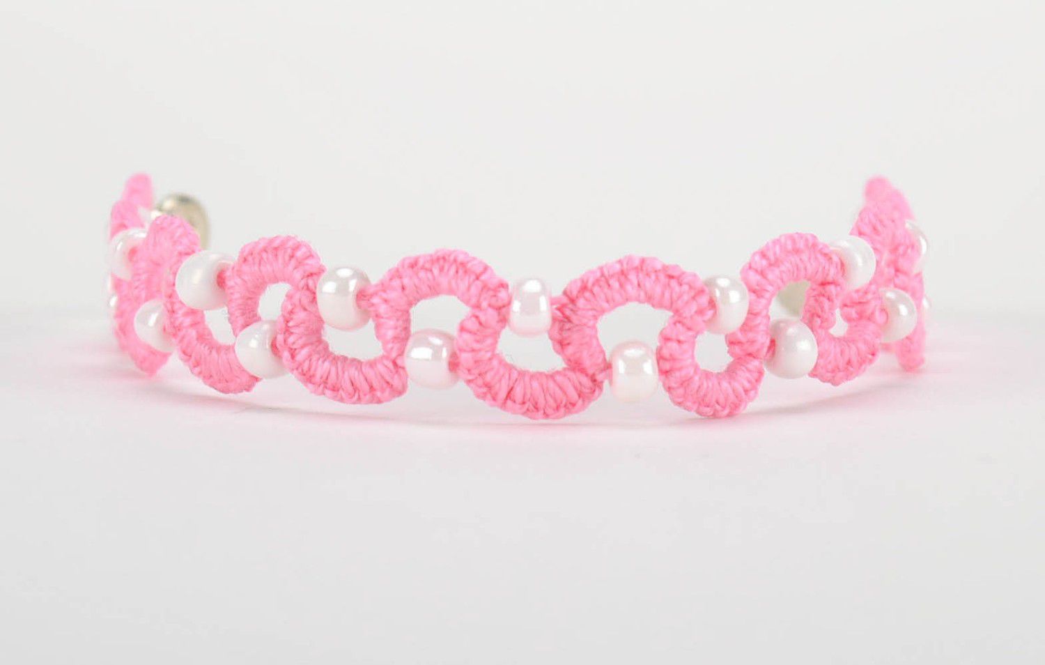 Bracelet braided from cotton threads white and pink photo 3