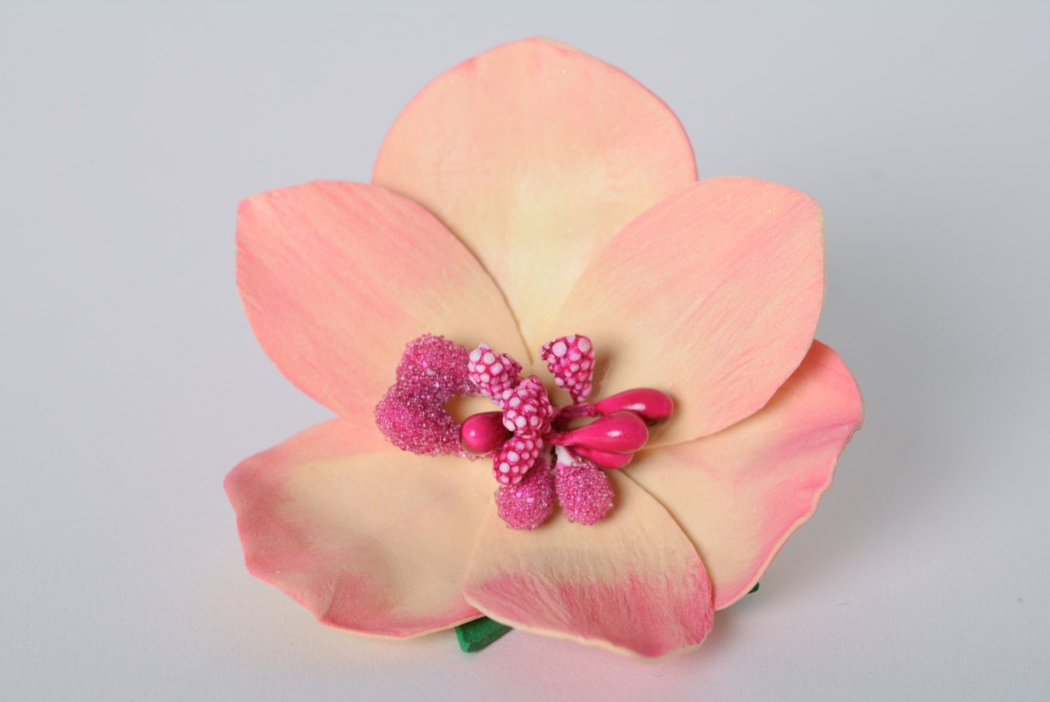 Handmade plastic hair pin made of suede and foamiran with orchid flower photo 2