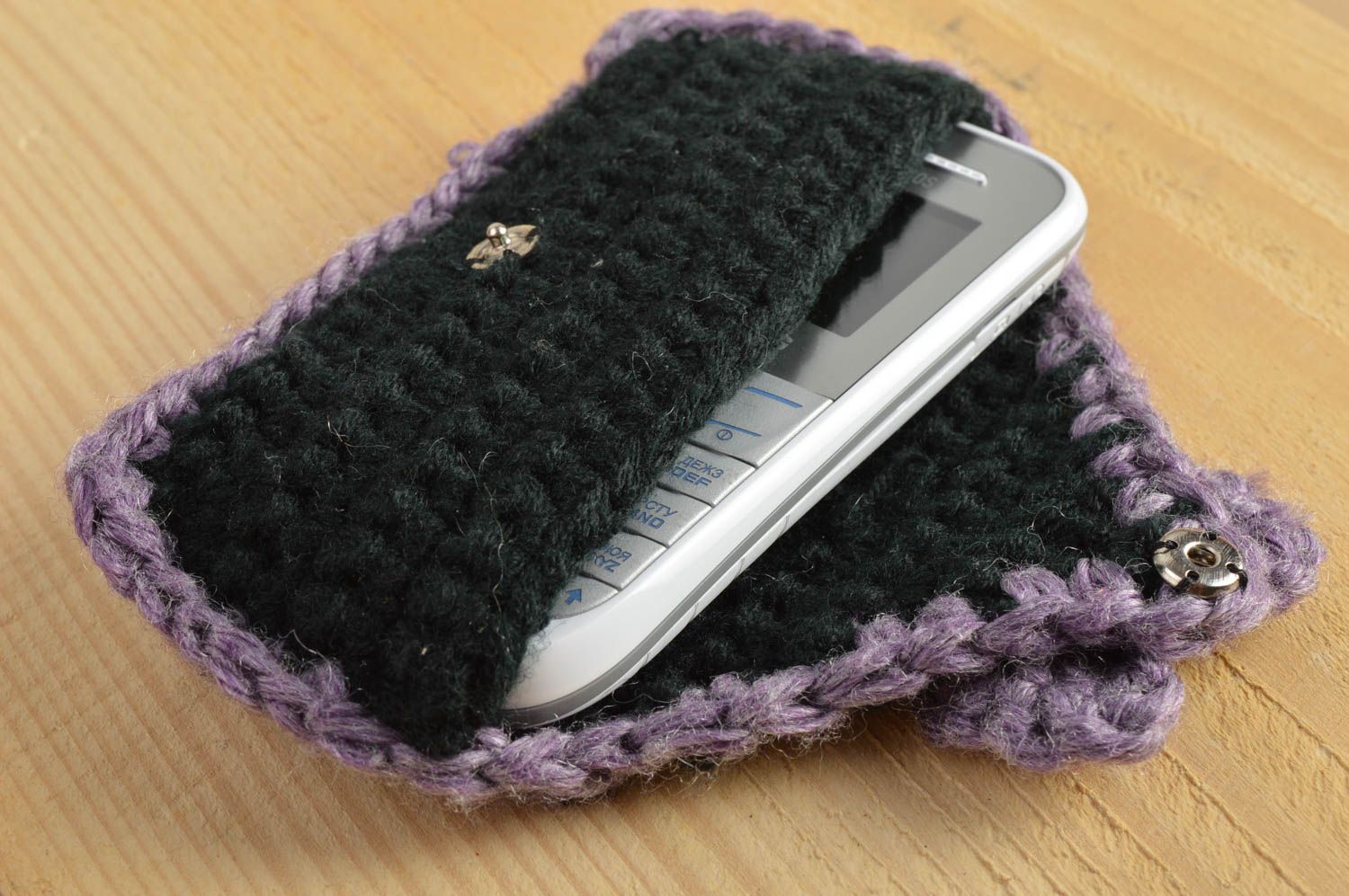 Black and lilac handmade designer crochet phone case with bow photo 1