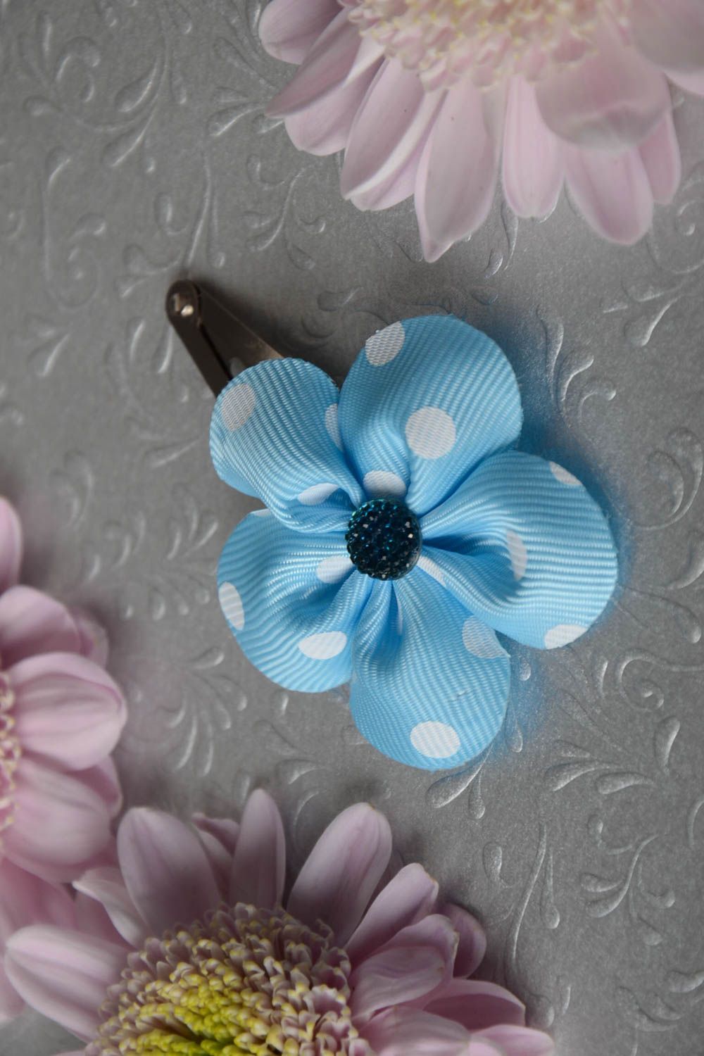 Homemade small decorative hair clip with ribbon flower in blue color with dots photo 1