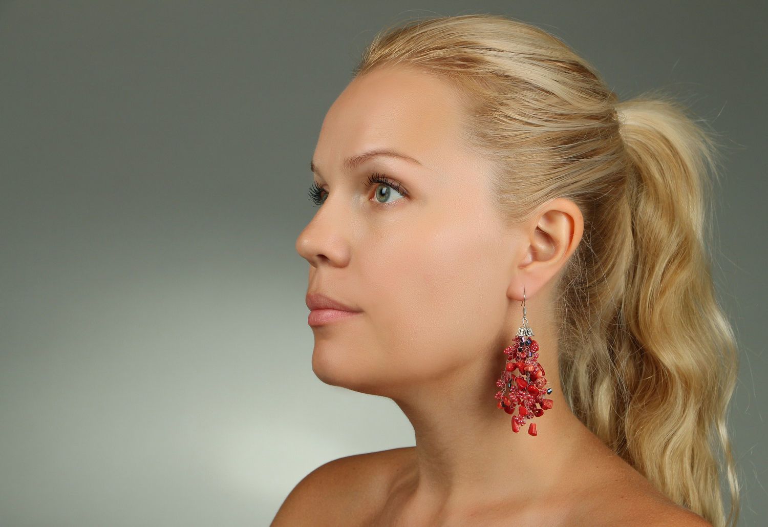 Handmade designer earrings woven of Czech beads and coral pieces photo 4