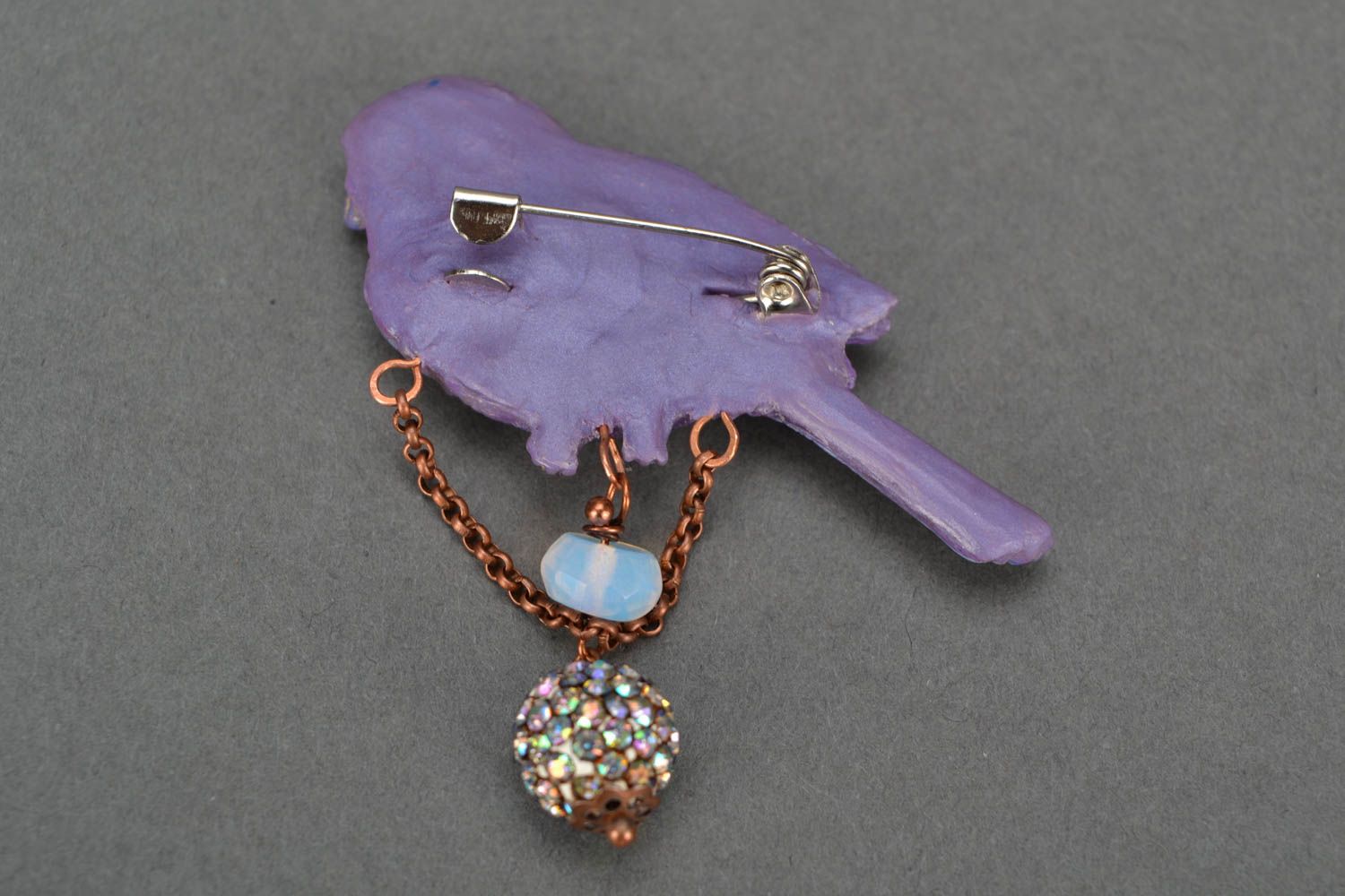 Brooch made of polymer clay with beads handmade purple unusual jewelry Bird photo 3