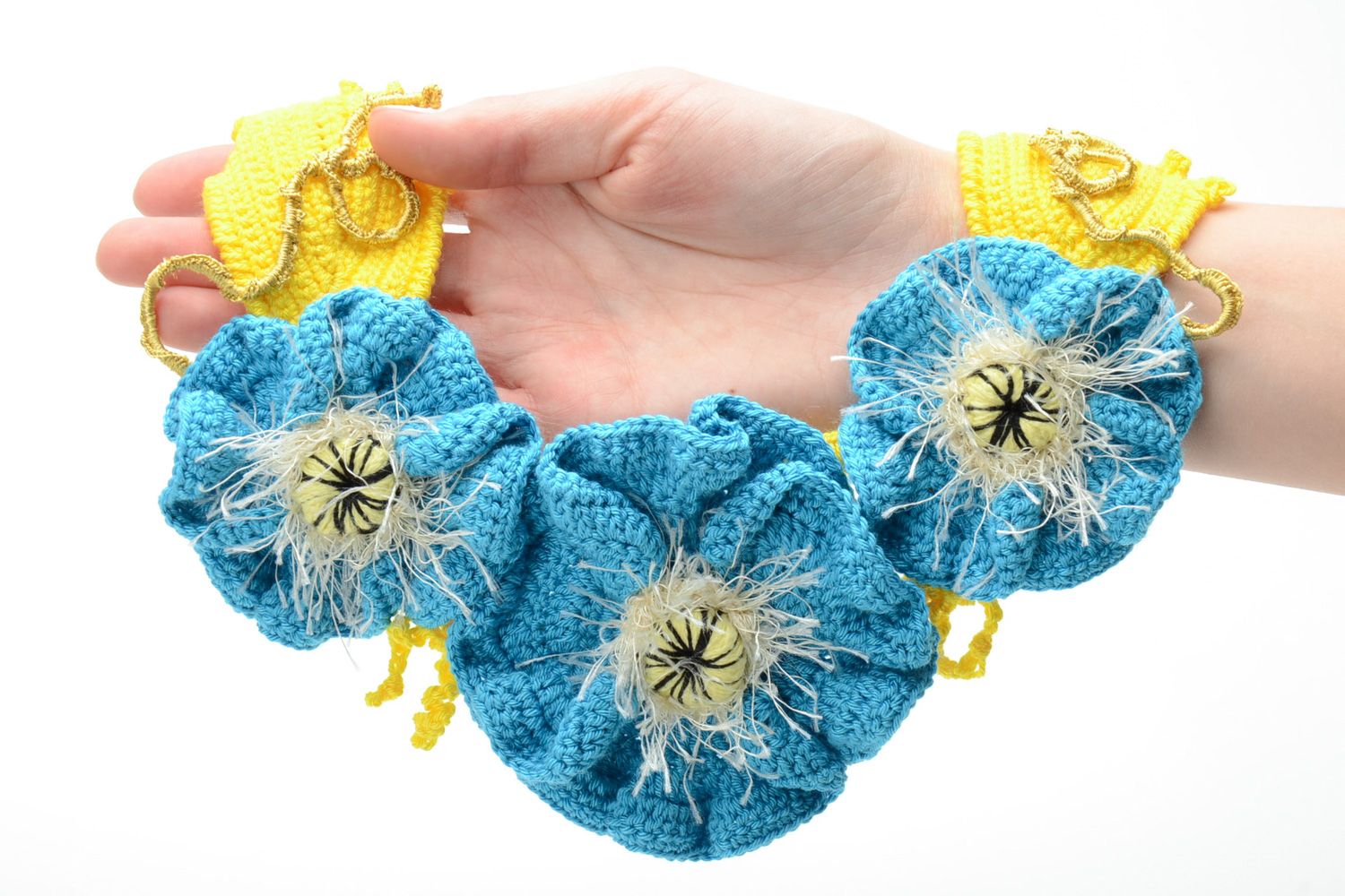 Collier tricoté en fils au crochet fait main massif bleu et jaune pour femme photo 5