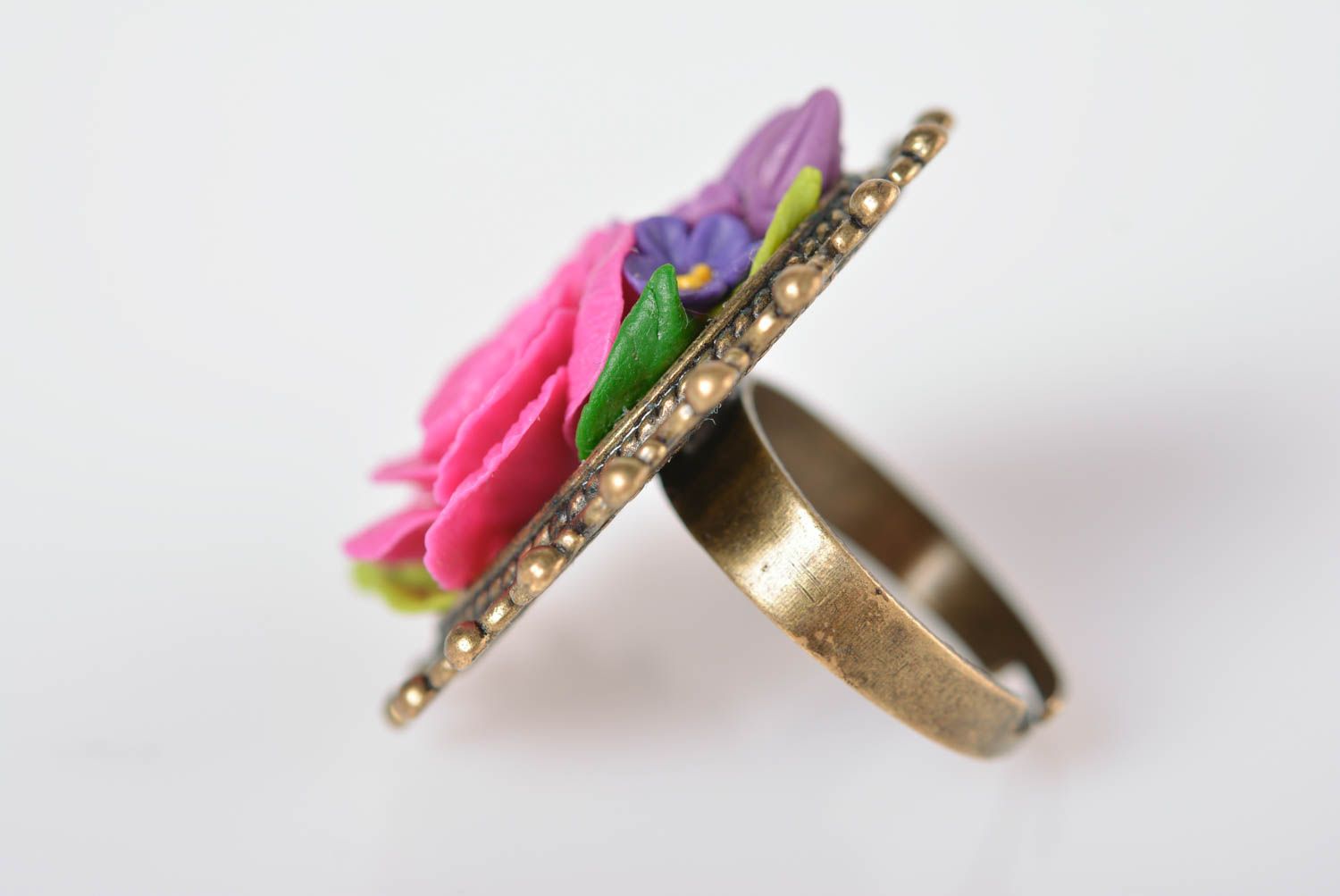 Кольцо ручной работы украшение из холодного фарфора модное кольцо с цветами фото 4