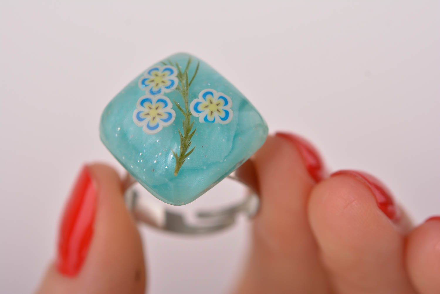 Handmade Blumen Ring aus Epoxid Damen Modeschmuck Accessoire für Frauen türkis foto 4