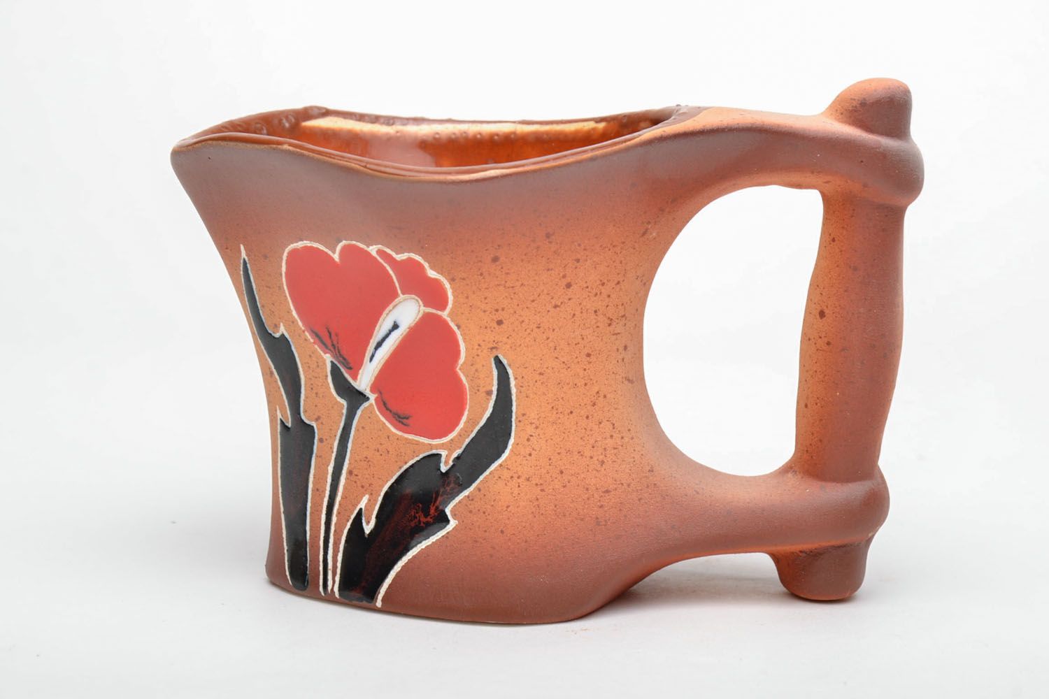 Medium size 8 oz clay glazed decorative ceramic mug with red hot poppies pattern photo 2