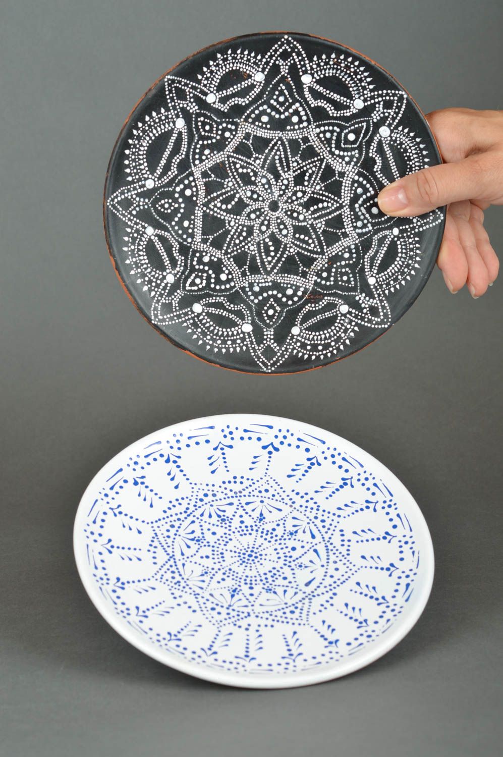 Set of 2 handmade designer decorative clay wall plates with acrylic dot painting photo 3