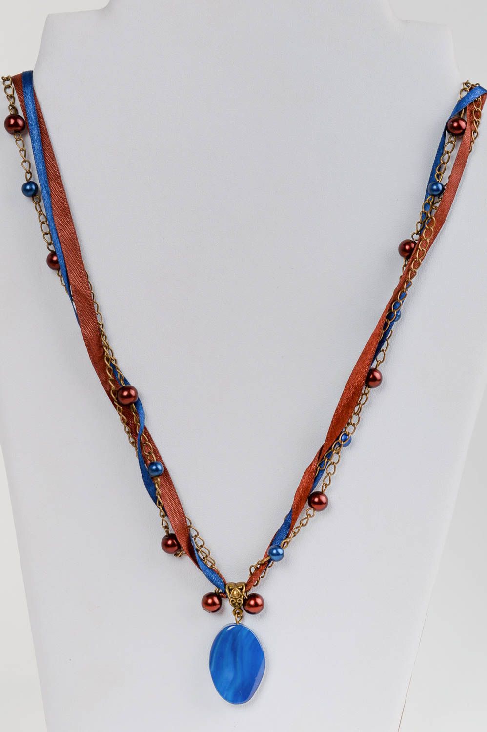 Handmade designer necklace with natural agate on metal chain and satin ribbons photo 1