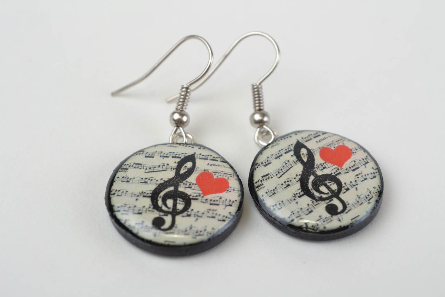 Beautiful handmade design round plastic earrings with decoupage black and white photo 4