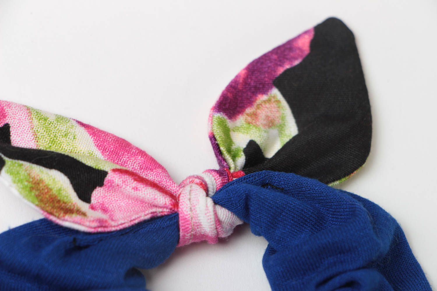 Handmade decorative bright blue fabric hair band with colorful dolly bow photo 4