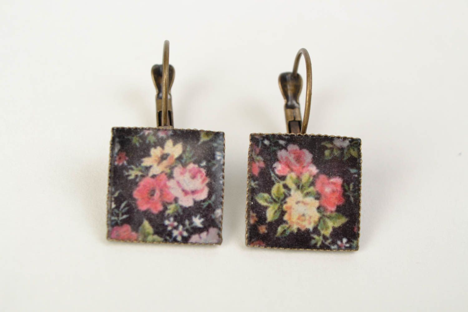 Handmade dark square decoupage earrings with floral pattern and English ear wires photo 3