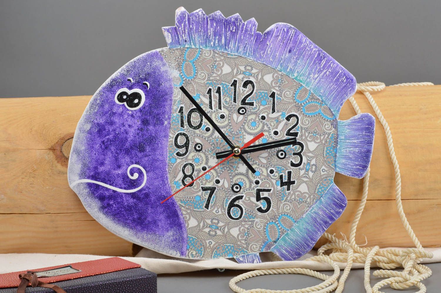 Handmade clock decoupage technique plywood accessory blue fish wall clock photo 1