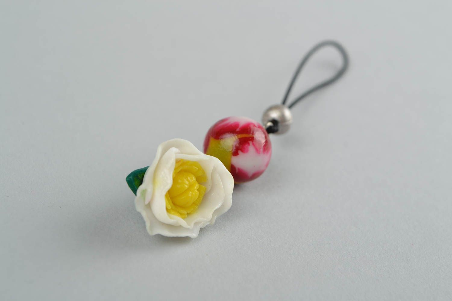 Handmade beautiful keychain made of polymer clay with flower and bead photo 1