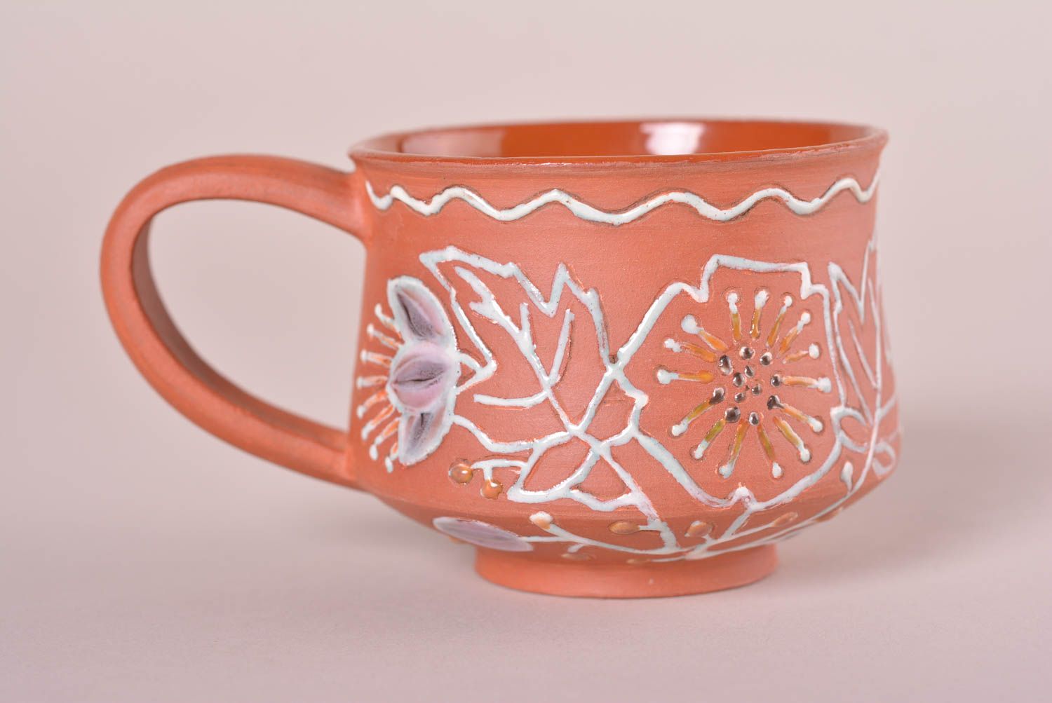 7 oz ceramic flat cup with handle and floral pattern photo 1