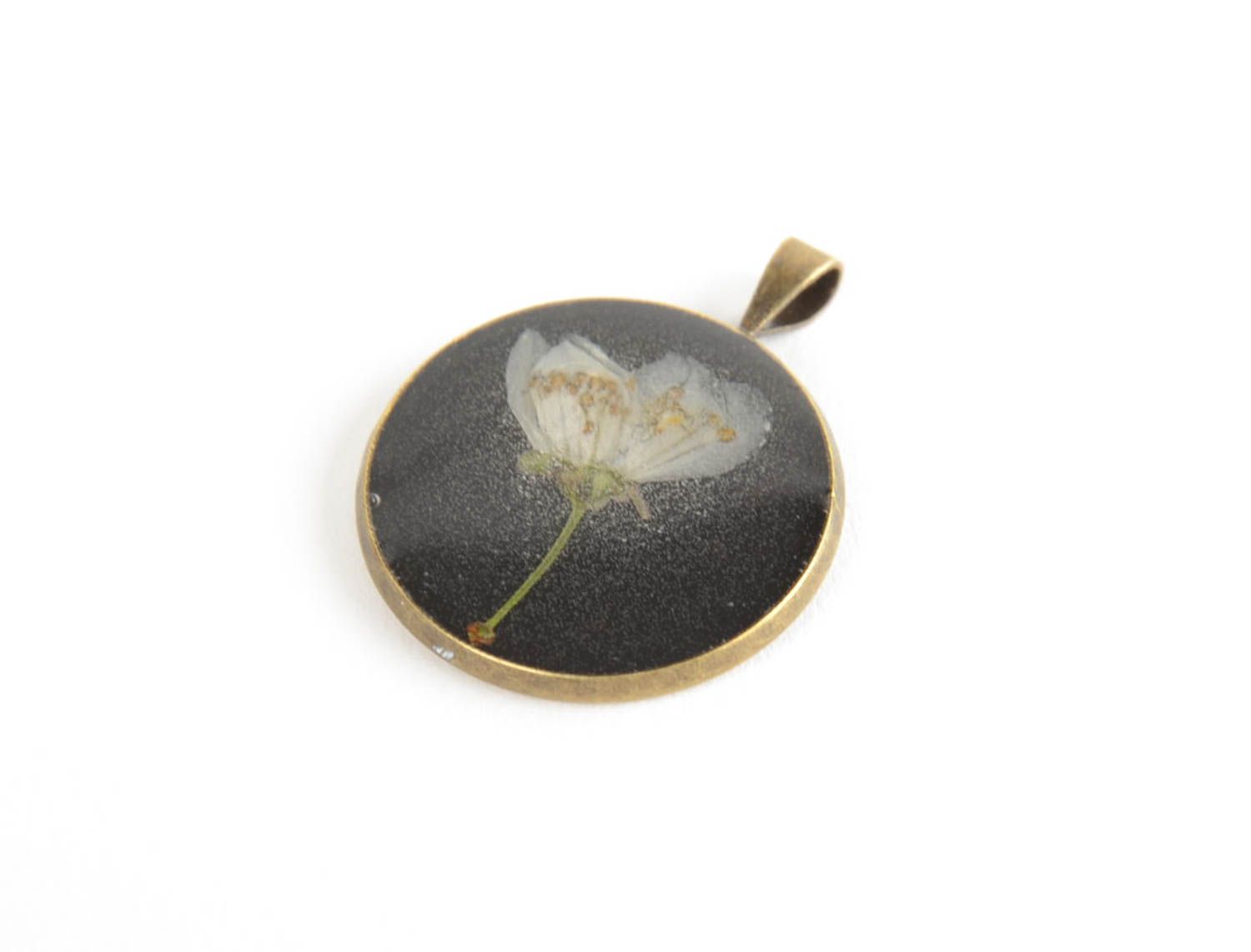 Handmade dark round pendant with natural flowers in epoxy resin without chain photo 4