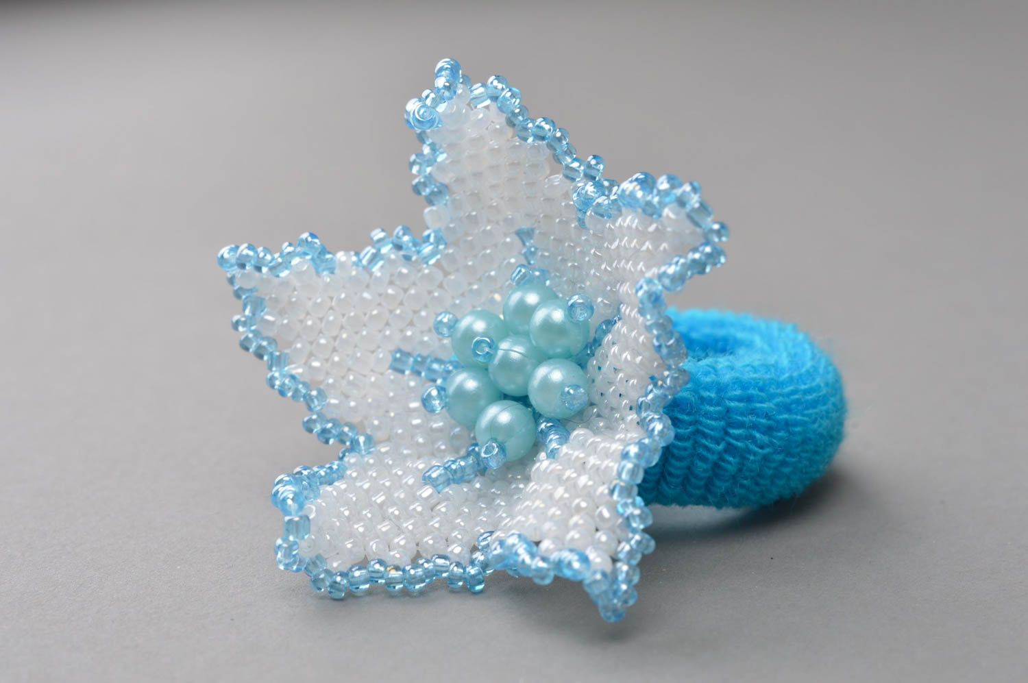 Stylish handmade elegant beautiful blue scrunchy woven of blue and white beads photo 4