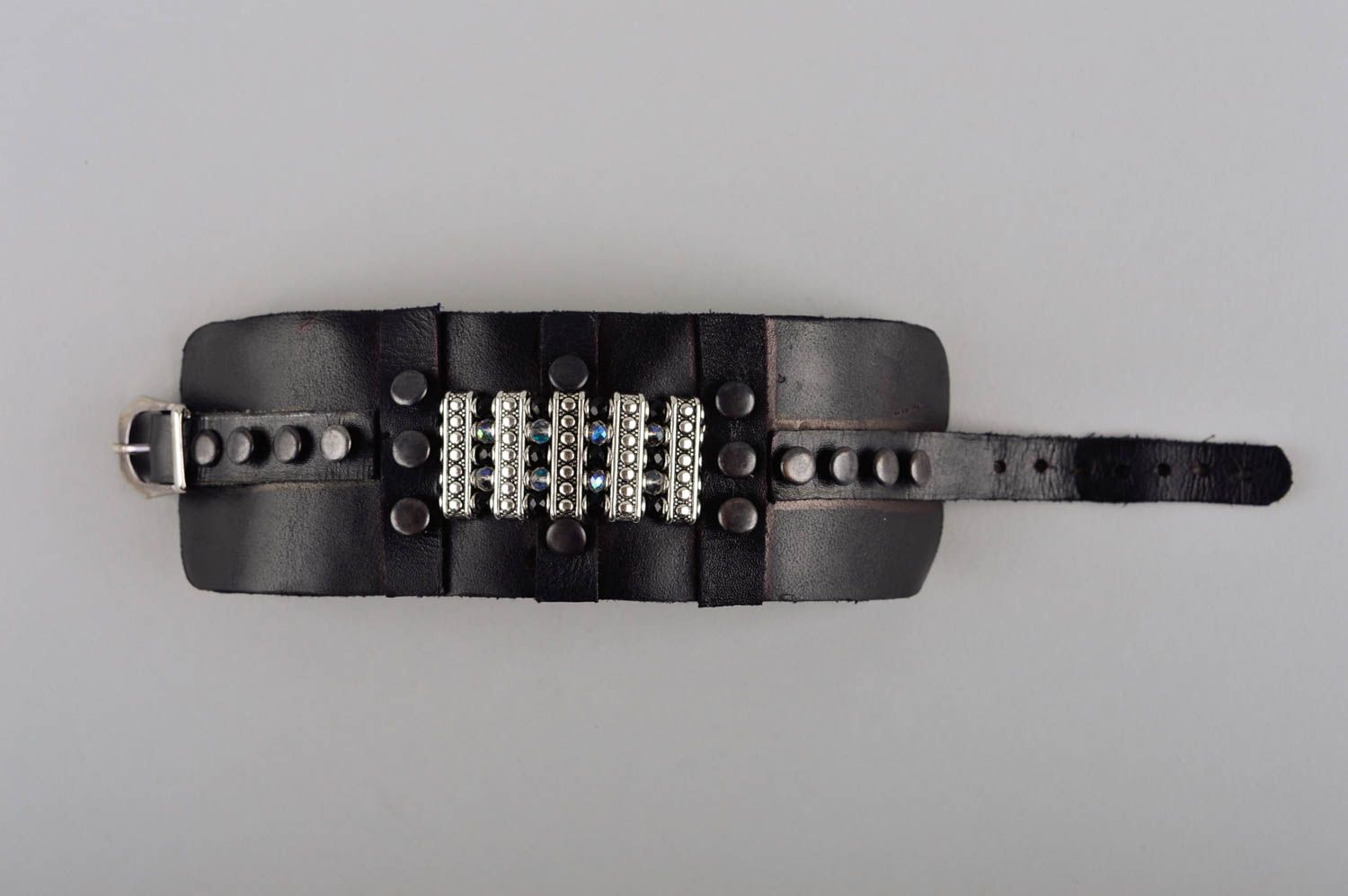 Bracelet noir Bijou fait main cuir cristaux design tendance Cadeau femme photo 5