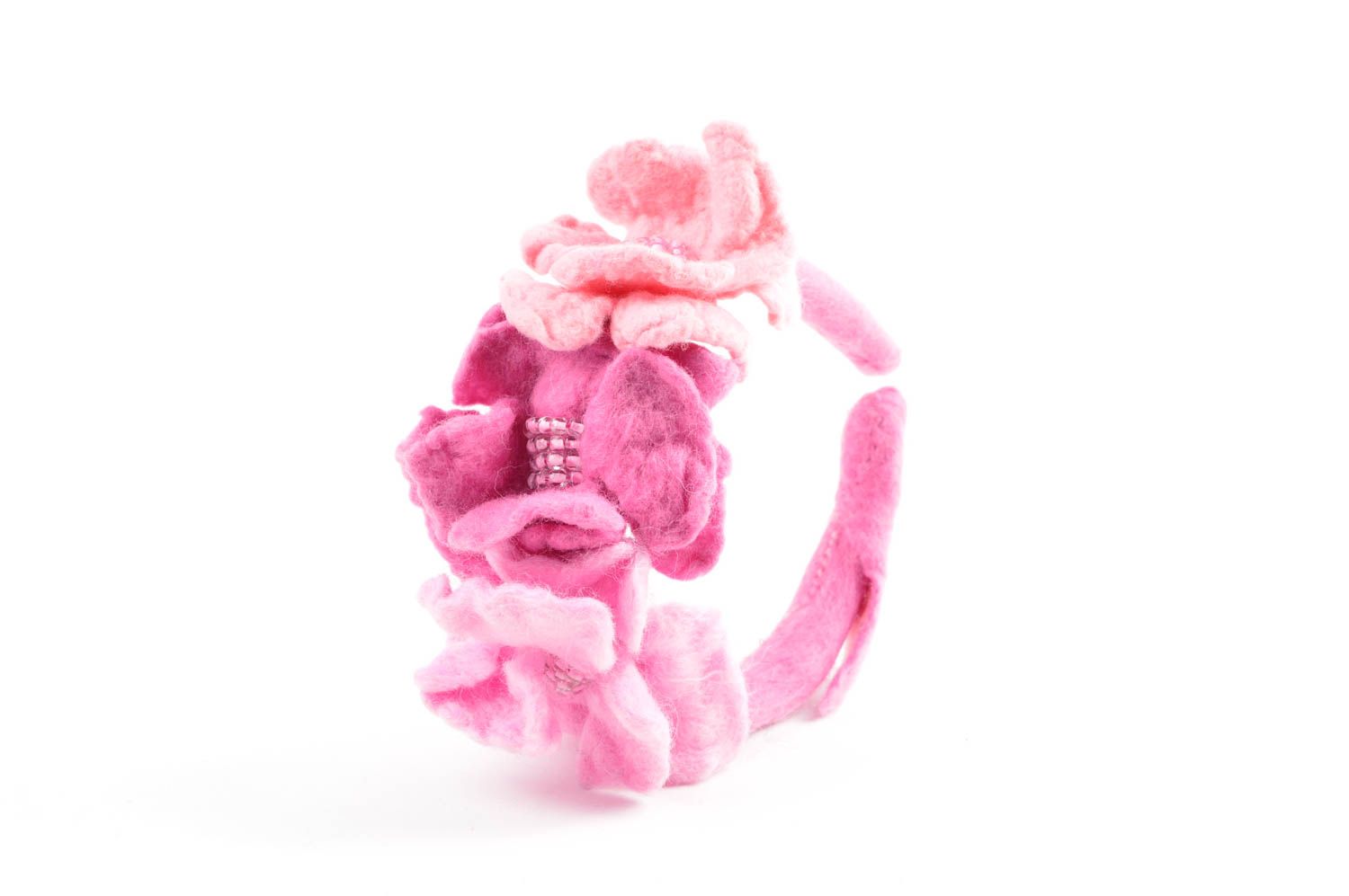 Serre-tête fleurs roses Bijou fait main laine et plastique Accessoire cheveux photo 3