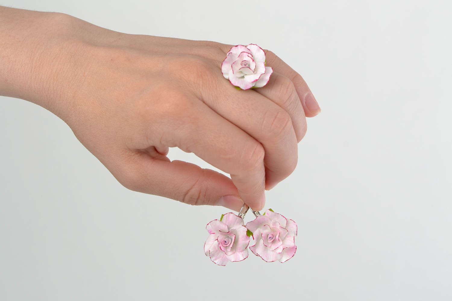 Gentle pink handmade cold porcelain flower jewelry set 2 items earrings and ring photo 1